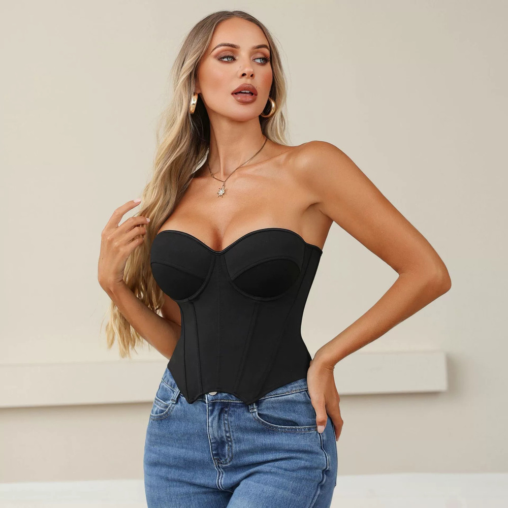 ZARA Black Strapless Backless Corset Top Women Lace Up Bustier Push Up Slimming